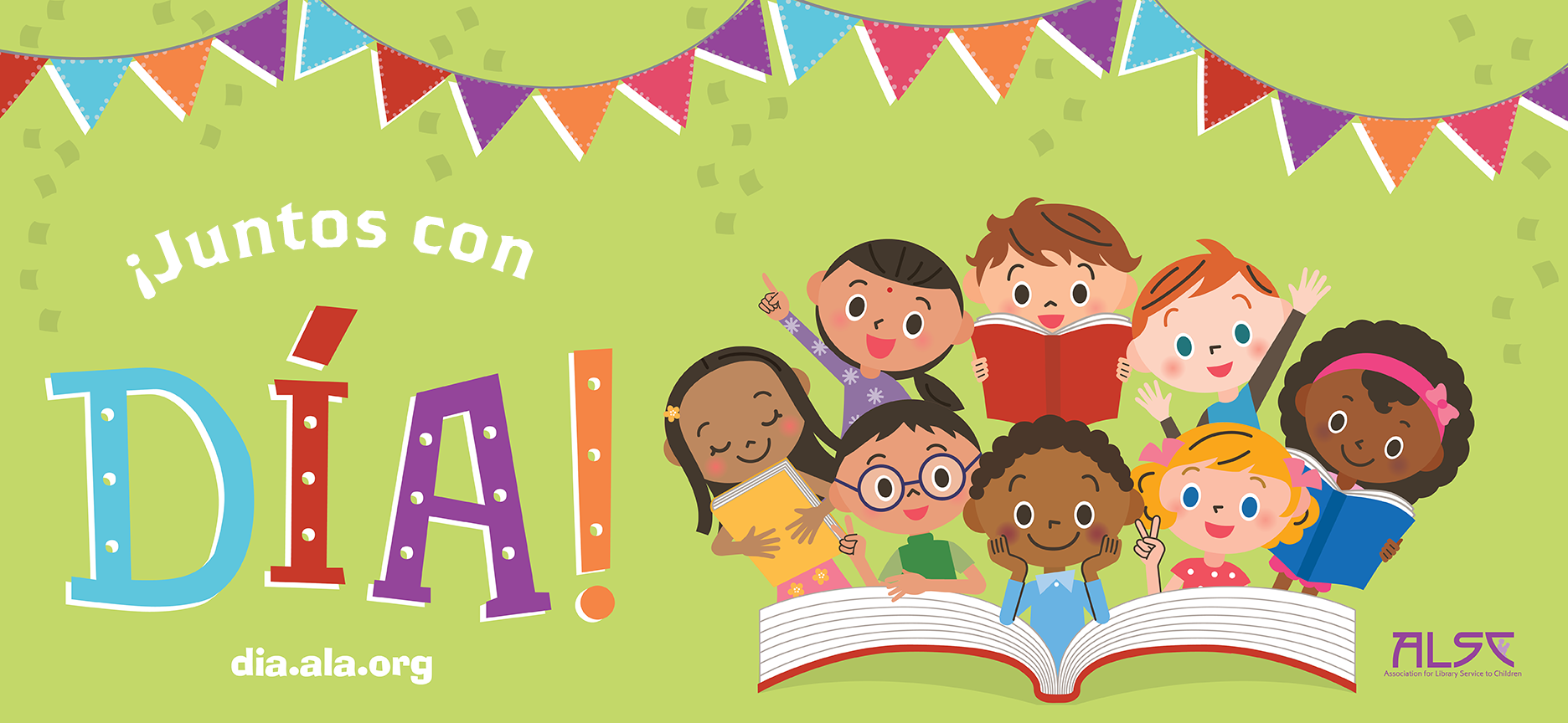 Cartel ¡Juntos con DÍA! con niños de diferentes culturas con libros.